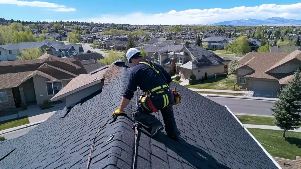 Close-up of roof shingles being replaced